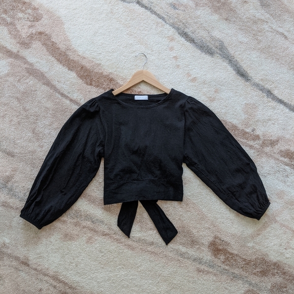 OAK + FORT Tops - Oak + Fort Black Crop Puff Sleeve Blouse w/ Bow